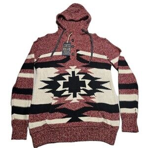 NWT American Eagle Baja Knit Hoodie Sweater Small Red Black Aztec Pullover Sz S